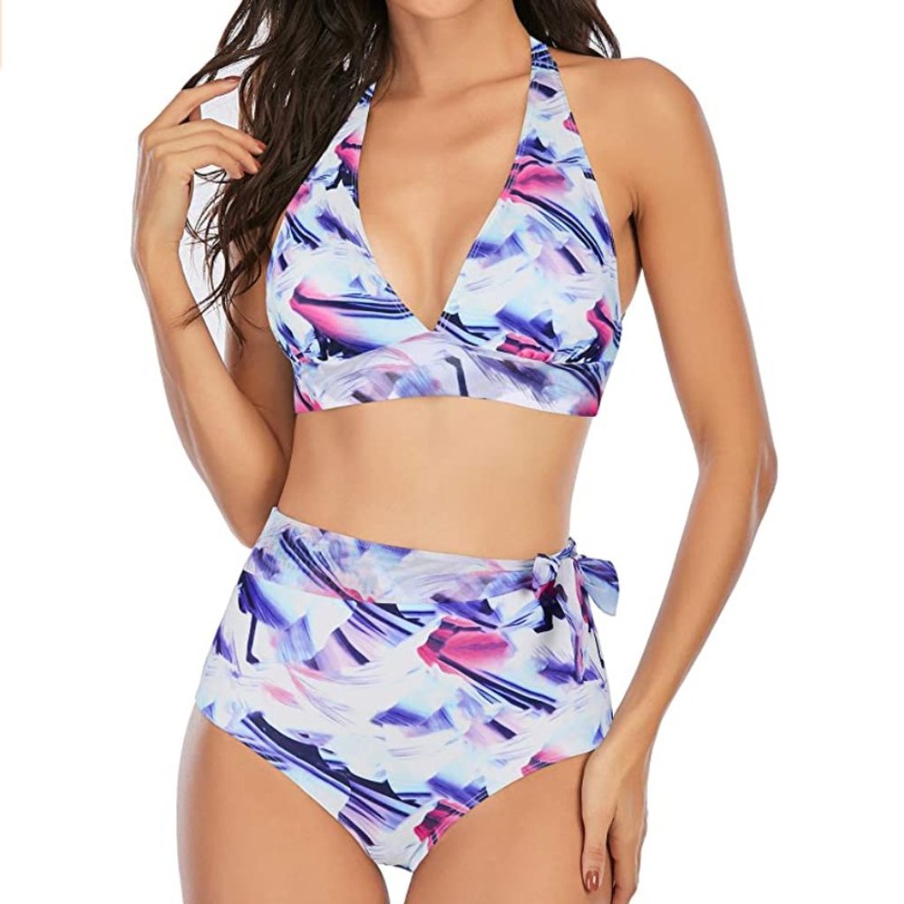 High-Waist Halter Bikini Set in Multicolor Print